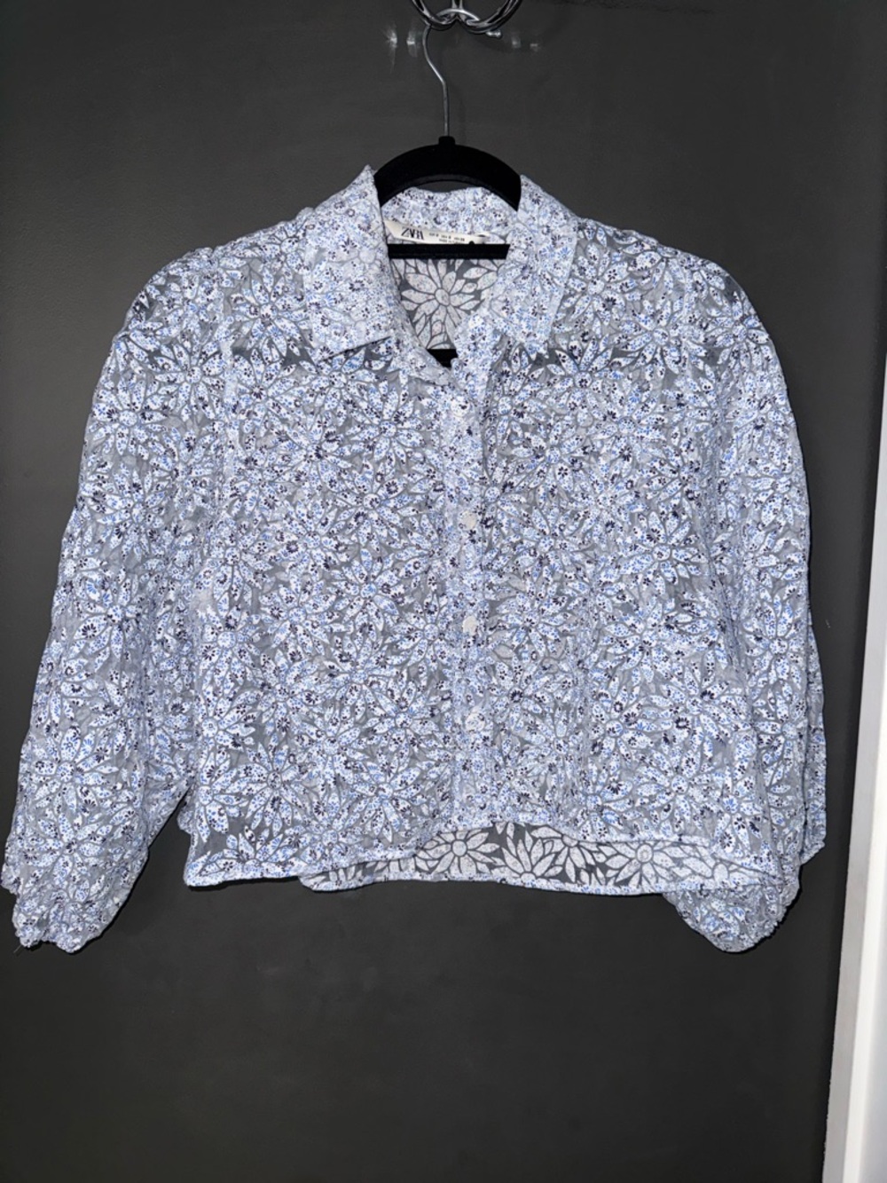 Zara Blue and White Floral Lace Button-Up Shirt